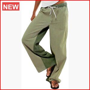 Low Rise Wide Leg Striped Pants Drawstring Waist 100% Cotton